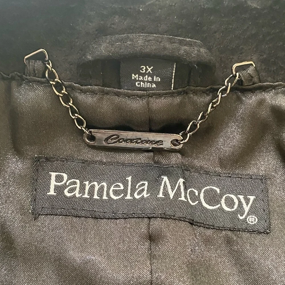 Pamela McCoy Womens Size 3X Black Crochet‎ Suede Leather Military Jacket Coat